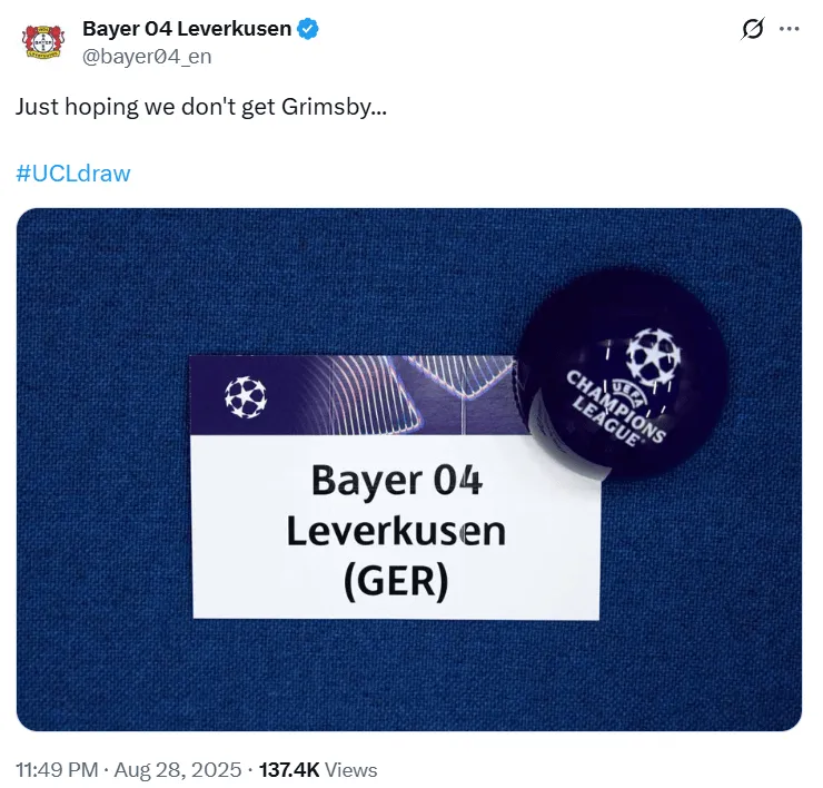 Bayer Leverkusen Trolls Man Utd on Social Media: "Just hoping we don’t get Grimsby..."