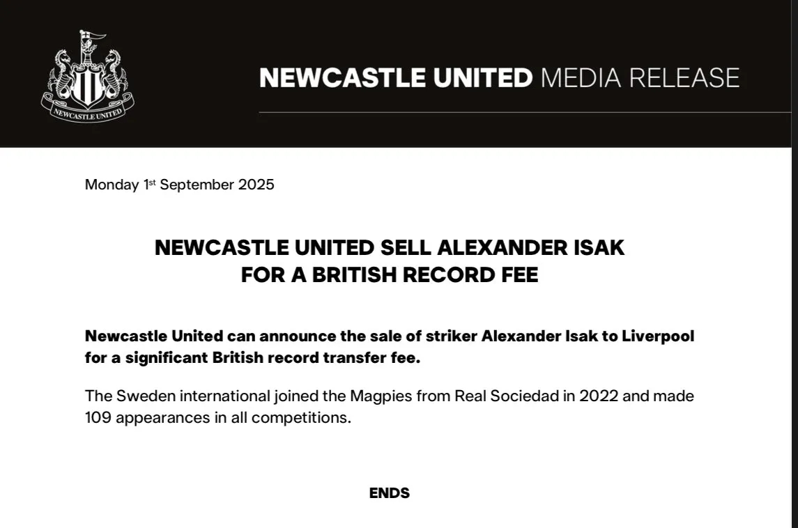 Newcastle's official 37 word announcement bidding farewell to Isak, without a single word of gratitude